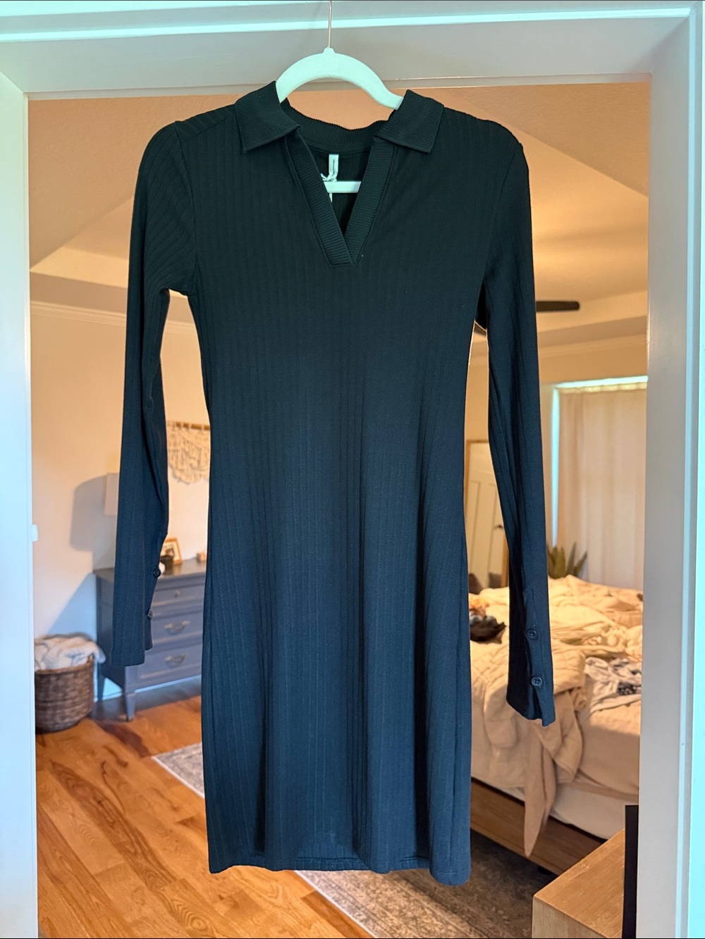 7 Diamonds Black Ribbed Long-Sleeve Polo Dress